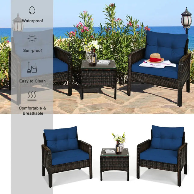 3 Pieces Outdoor Patio Rattan Conversation Set with Seat Cushions-Navy - Navy - Patio Conversation Sets