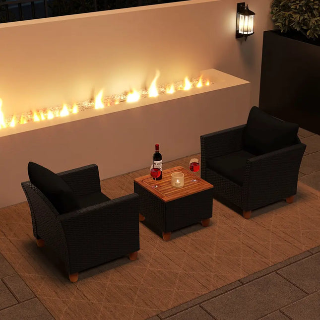 3 Pieces Outdoor Patio Rattan Furniture Set-Black - Black - Patio Conversation Sets