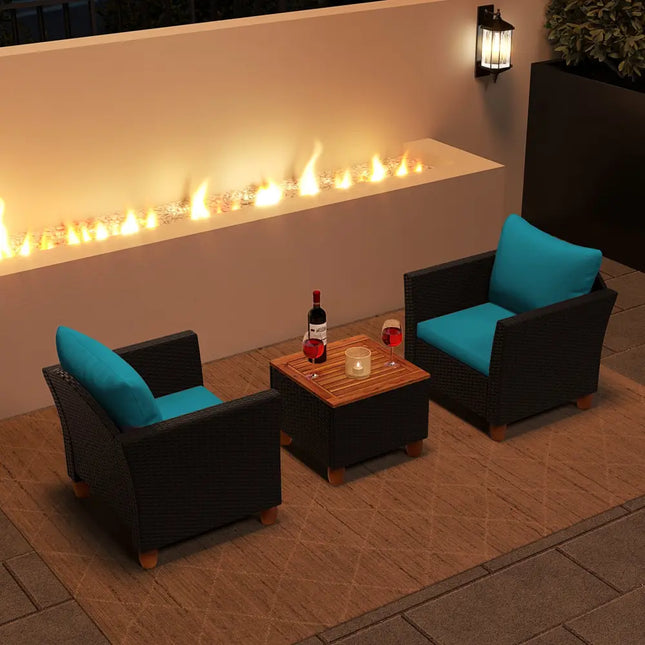 3 Pieces Outdoor Patio Rattan Furniture Set-Turquoise - Turquoise - Patio Conversation Sets