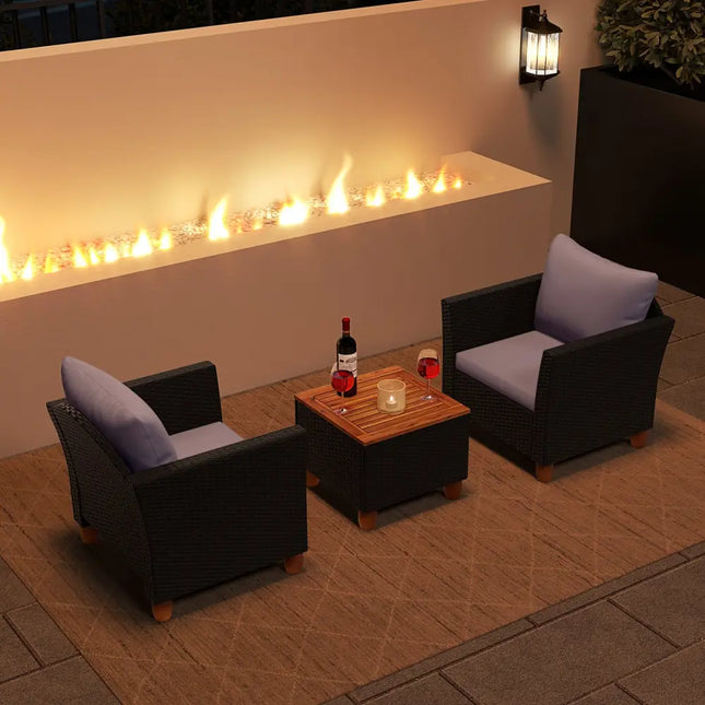 3 Pieces Outdoor Patio Wicker Furniture Set with Cushions and Acacia Wood Coffee Table-Gray - Gray - Patio Conversation