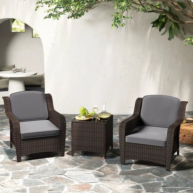 3 Pieces Outdoor Rattan Furniture Set with Cushions and Tempered Glass Coffee Table-Gray - Gray - Patio Conversation