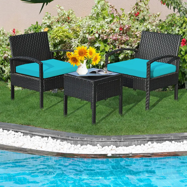 3 Pieces Outdoor Rattan Patio Conversation Set with Seat Cushions-Turquoise - Turquoise - Patio Conversation Sets