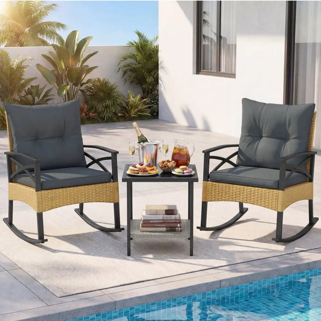 3 Pieces Outdoor Rattan Rocking Chairs Set with 2-Tier Side Table for Garden Backyard-Gray - Gray - Patio Conversation