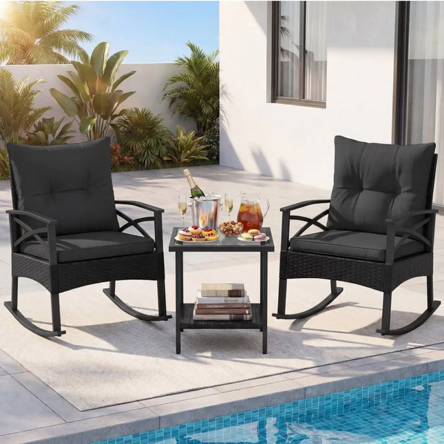 3 Pieces Outdoor Rattan Rocking Chairs Set with 2-Tier Side Table for Garden Backyard-Black - Black - Patio