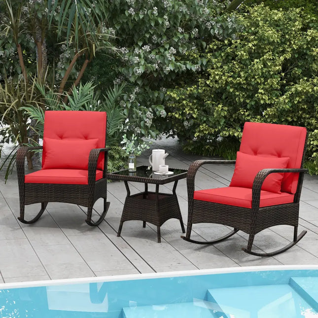3 Pieces Outdoor Rocking Set with Tempered Glass Coffee Table for Backyard Poolside-Red - Red - Patio Furniture Sets
