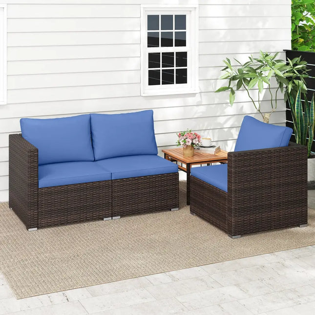 3 Pieces Outdoor Sectional Sofa Set with Soft Cushions-Navy - Navy - Outdoor Sectionals