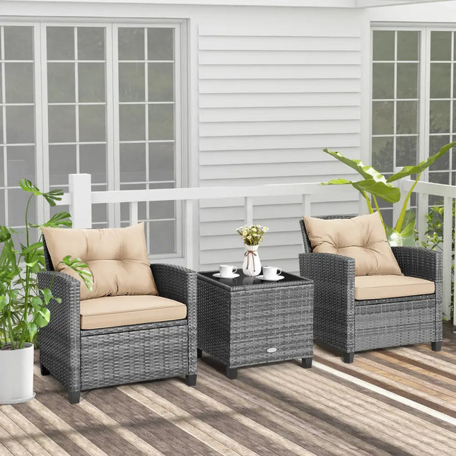 3 Pieces Outdoor Wicker Conversation Set with Tempered Glass Tabletop-Beige - Beige - Patio Conversation Sets