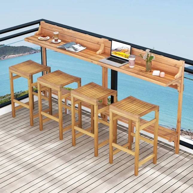 3 Pieces Patio Acacia Wood Bar Table Set with Footrest Curved Wood Seat - Natural - Patio Bar Furniture