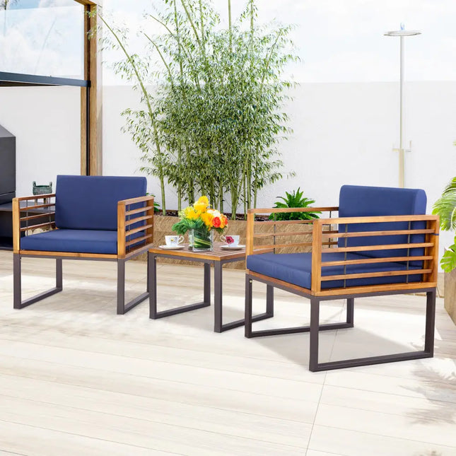 3 Pieces Patio Acacia Wood Conversation Set with Cushioned Armchairs-Navy - Navy - Patio Conversation Sets