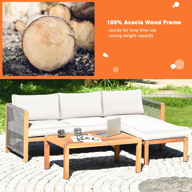 3 Pieces Patio Acacia Wood Sofa Furniture Set with Nylon Rope Armrest-White - White - Outdoor Sectionals