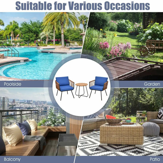 3 Pieces Patio Bistro Furniture Set with Armrest and Soft Cushions - Blue - Patio Conversation Sets