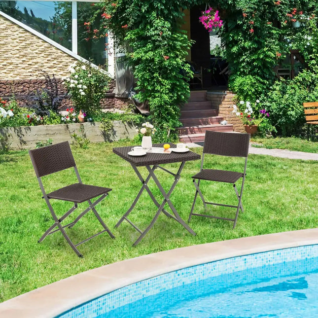 3 Pieces Patio Bistro Set with Folding Wicker Chairs and Table-Brown - Brown - Patio Conversation Sets