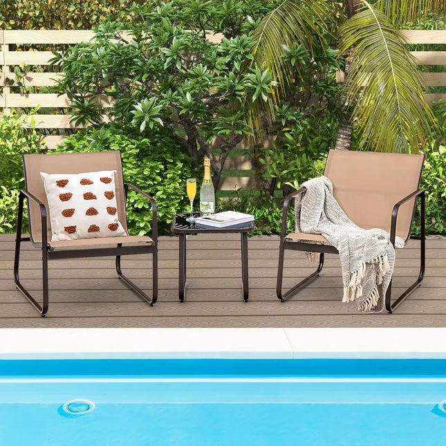 3 Pieces Patio Conversation Set with Breathable Fabric and Tabletop-Brown - Brown - Patio Conversation Sets