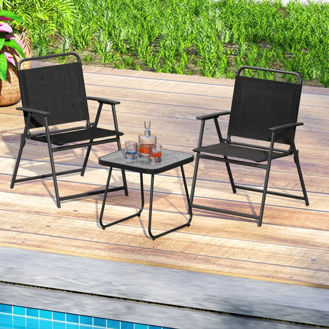 3 Pieces Patio Folding Conversation Chairs and Table-Black - Black - Patio Conversation Sets