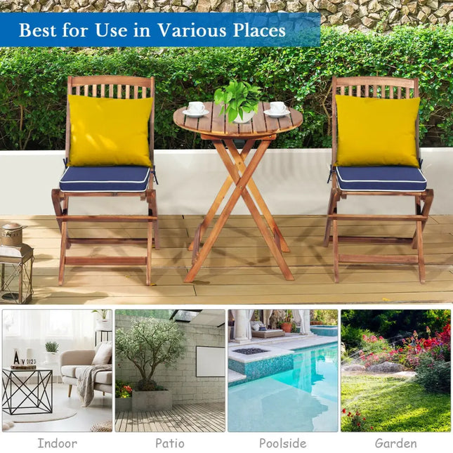 3 Pieces Patio Folding Wooden Bistro Set Cushioned Chair-Navy - Navy - Patio Conversation Sets