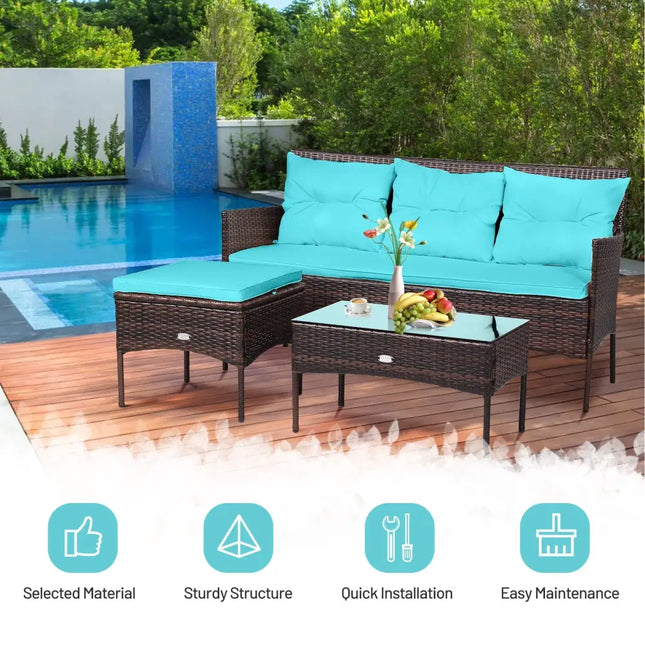 3 Pieces Patio Furniture Sectional Set with 5 Cozy Seat and Back Cushions-Turquoise - Turquoise - Patio Conversation