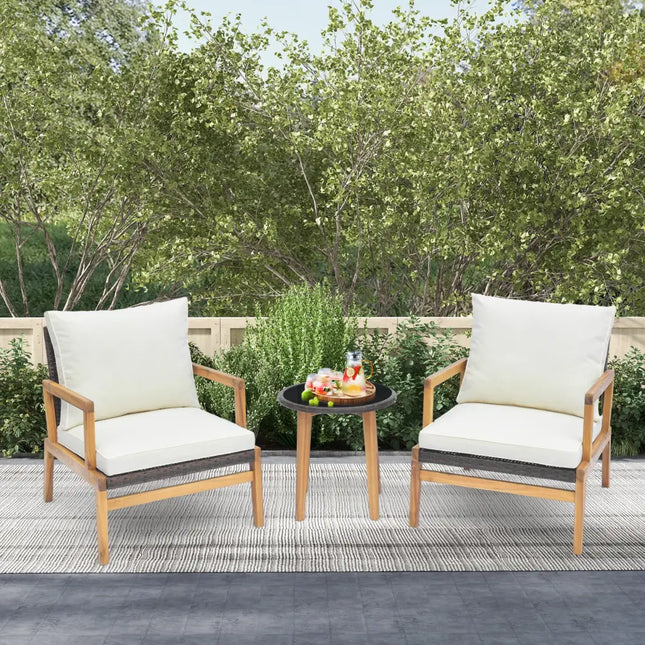3 Pieces Patio Furniture Set with Cushioned Chairs and Tempered Glass Side Table-Brown - Brown - Patio Furniture Sets