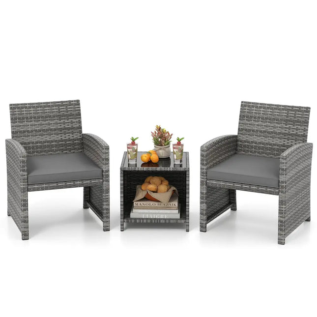3 Pieces Patio Furniture Set with Tempered Glass Coffee Table and Soft Seat Cushions-Gray - Gray - Patio Conversation