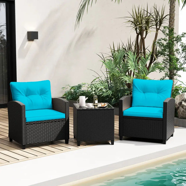 3 Pieces Patio Furniture Set with Tempered Glass Coffee Table-Turquoise - Turquoise - Patio Conversation Sets
