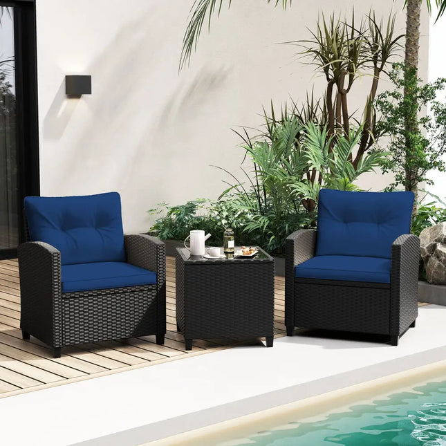 3 Pieces Patio Furniture Set with Tempered Glass Coffee Table-Navy - Navy - Patio Conversation Sets