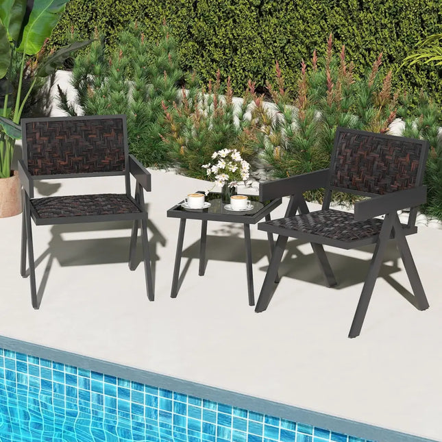 3 Pieces Patio PE Wicker Bistro Set with Quick-Drying Foam-Black - Black - Patio Conversation Sets