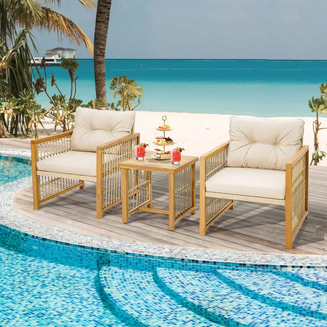 3 Pieces Patio PE Wicker Conversation Set with Acacia Wood Frame and Cushions-Beige - Beige - Patio Conversation Sets