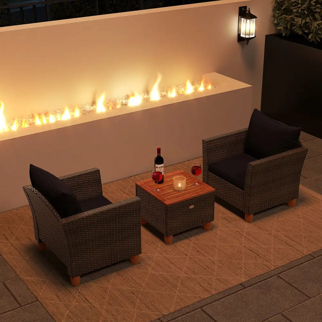 3 Pieces Patio PE Wicker Furniture Set with Cushions and Acacia Wood Storage Coffee Table-Black - Black - Patio