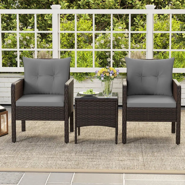 3 Pieces Patio PE Wicker Furniture Set with Cushions for Porch and Balcony-Gray - Gray - Patio Conversation Sets
