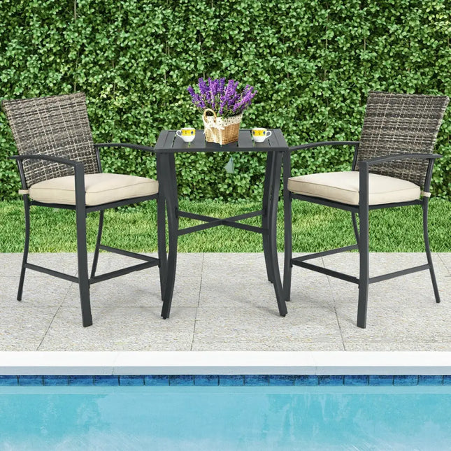 3 Pieces Patio Rattan Bar Furniture Set with Slat Table and 2 Cushioned Stools-Gray - Gray - Patio Bar Furniture