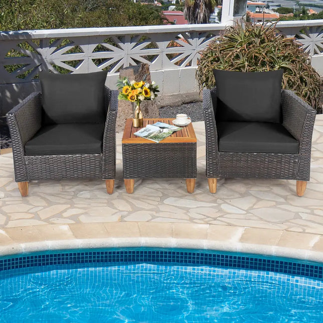 3 Pieces Patio Rattan Bistro Furniture Set-Black - Black - Patio Conversation Sets