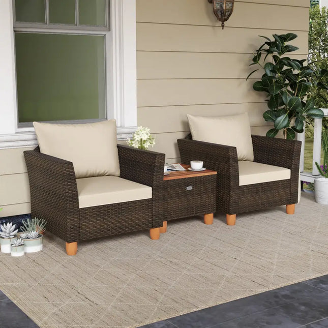 3 Pieces Patio Rattan Bistro Furniture Set with Wooden Table Top-Beige - Brown - Patio Conversation Sets