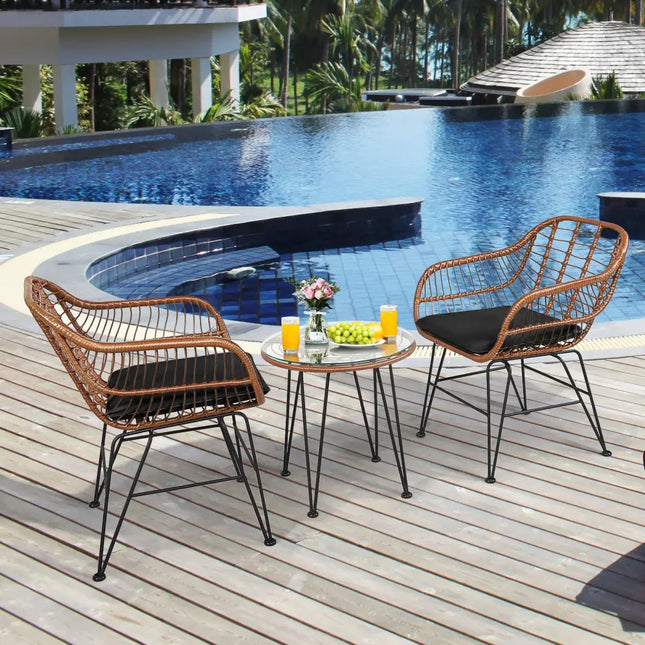3 Pieces Patio Rattan Bistro Set with Cushion-Black - Black - Patio Furniture Sets