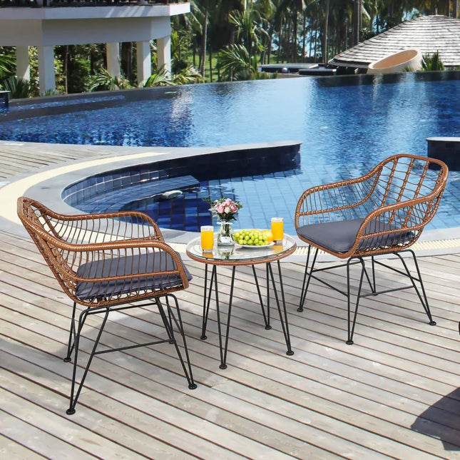 3 Pieces Patio Rattan Bistro Set with Cushion-Gray - Gray - Patio Furniture Sets
