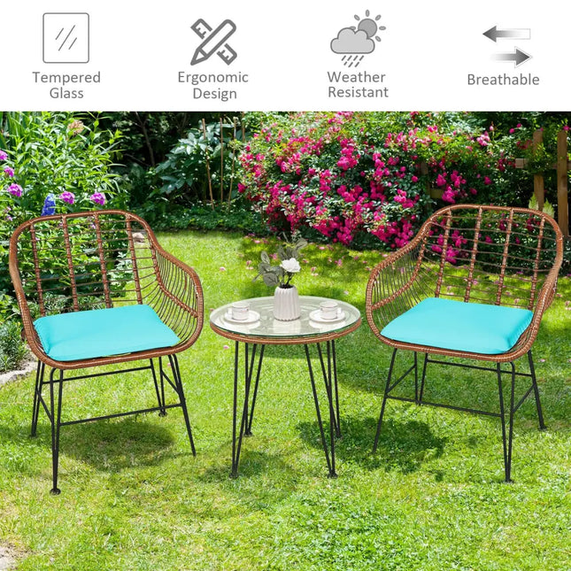 3 Pieces Patio Rattan Bistro Set with Cushion-Turquoise - Turquoise - Patio Furniture Sets