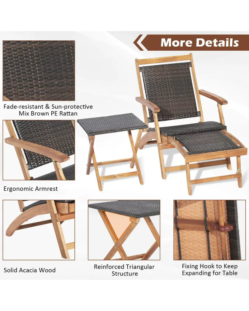 3 Pieces Patio Rattan Folding Lounge Chair Set of 2 with Acacia Wood Table - Brown - Outdoor Chaise Lounges