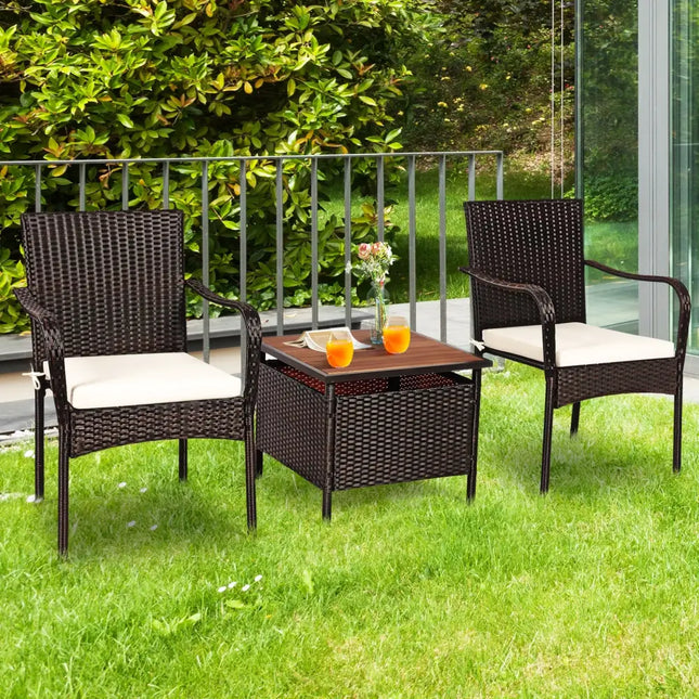 3 Pieces Patio Rattan Furniture Bistro Set with Wood Side Table and Stackable Chair - Patio Conversation Sets