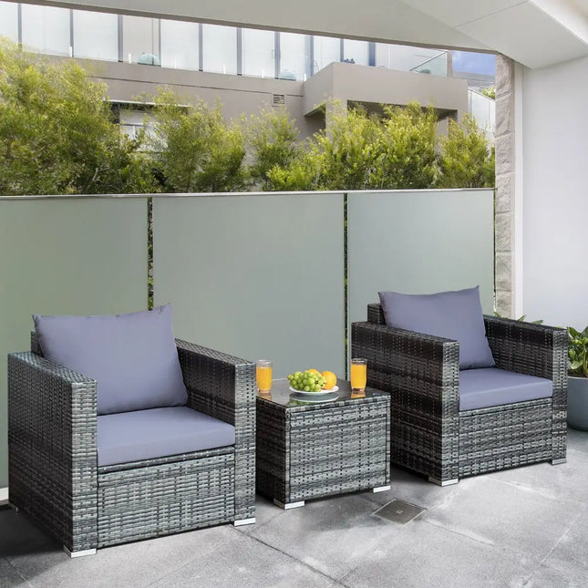 3 Pieces Patio Rattan Furniture Bistro Sofa Set with Cushioned-Gray - Gray - Patio Conversation Sets