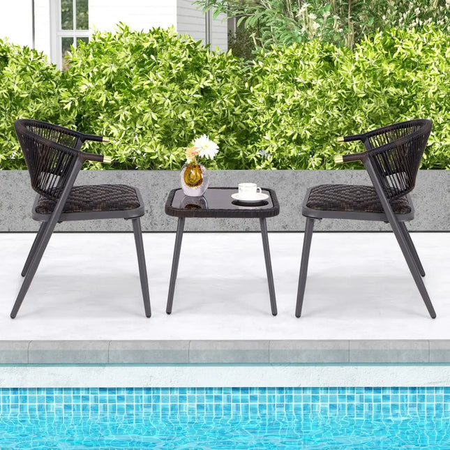 3 Pieces Patio Rattan Furniture Set for Backyard Poolside-Brown and Black - Brown - Patio Conversation Sets