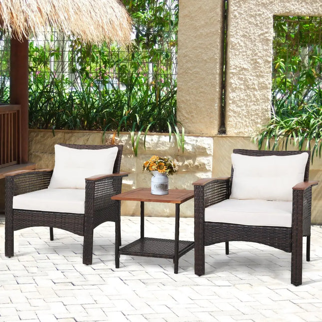 3 Pieces Patio Rattan Furniture Set with Acacia Wood Tabletop - Off White - Patio Furniture Sets