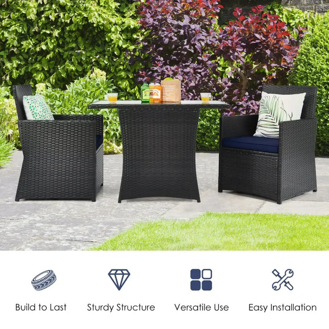 3 Pieces Patio Rattan Furniture Set with Cushion and Sofa Armrest-Navy - Navy - Patio Conversation Sets
