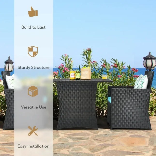 3 Pieces Patio Rattan Furniture Set with Cushion and Sofa Armrest-Turquoise - Turquoise - Patio Conversation Sets