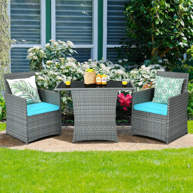 3 Pieces Patio Rattan Furniture Set with Cushioned Armrest Sofa-Turquoise - Turquoise - Patio Conversation Sets