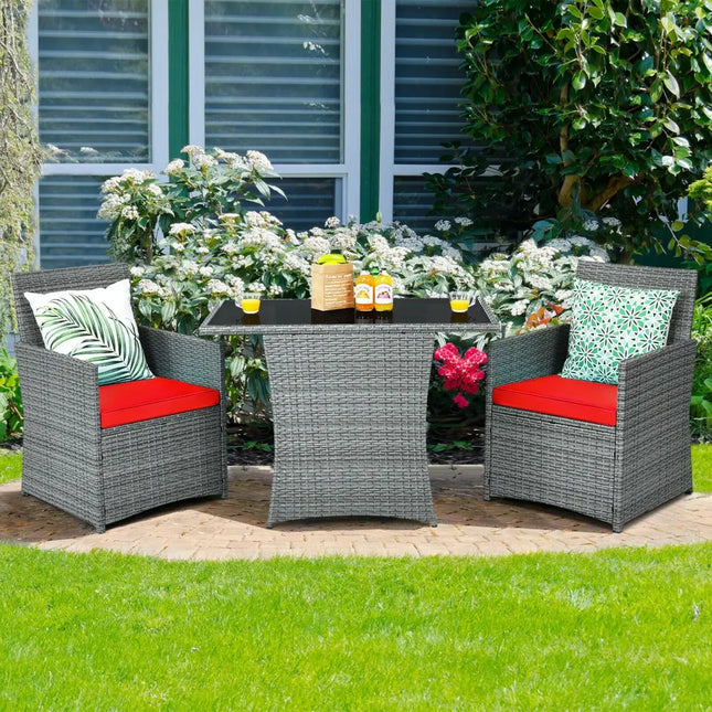 3 Pieces Patio Rattan Furniture Set with Cushioned Armrest Sofa-Red - Red - Patio Conversation Sets