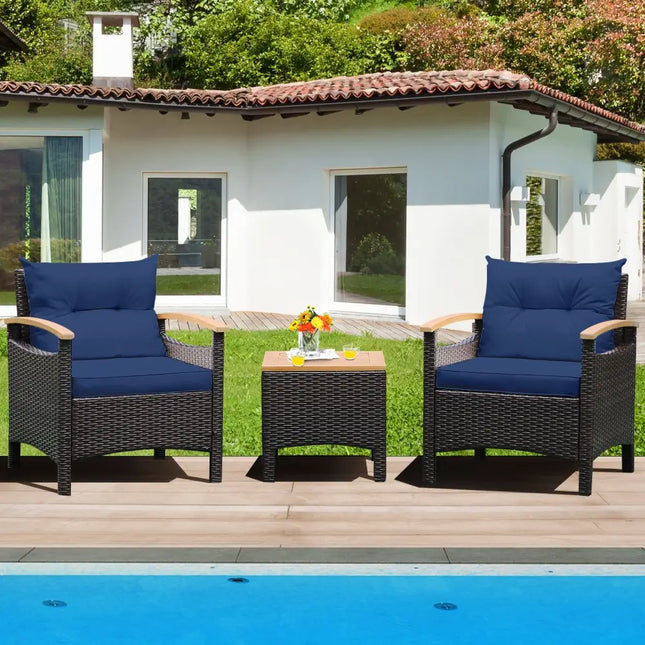 3 Pieces Patio Rattan Furniture Set with Removable Cushion-Navy - Navy - Patio Conversation Sets