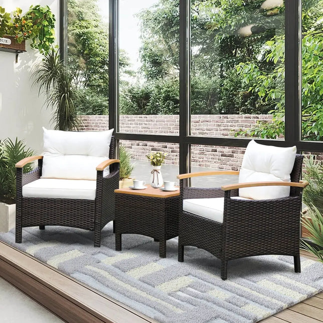 3 Pieces Patio Rattan Furniture Set with Removable Cushion-Off White - Off White - Patio Conversation Sets