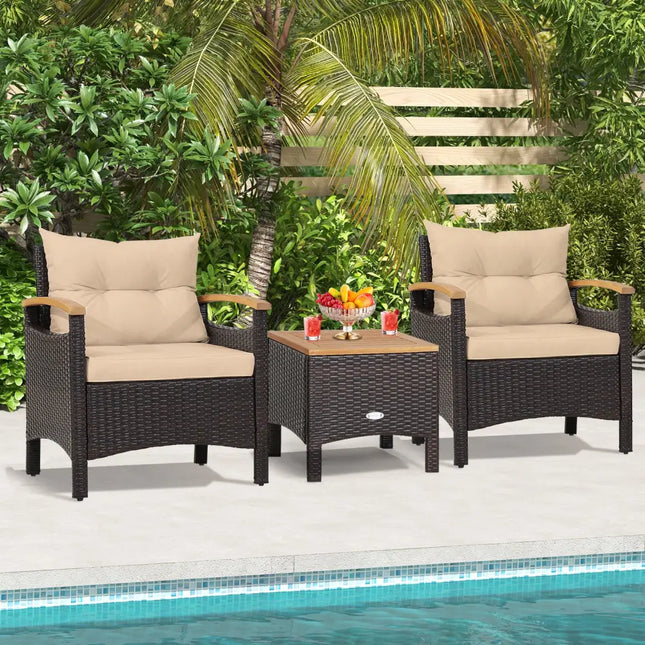 3 Pieces Patio Rattan Furniture Set with Removable Cushions-Beige - Beige - Patio Conversation Sets