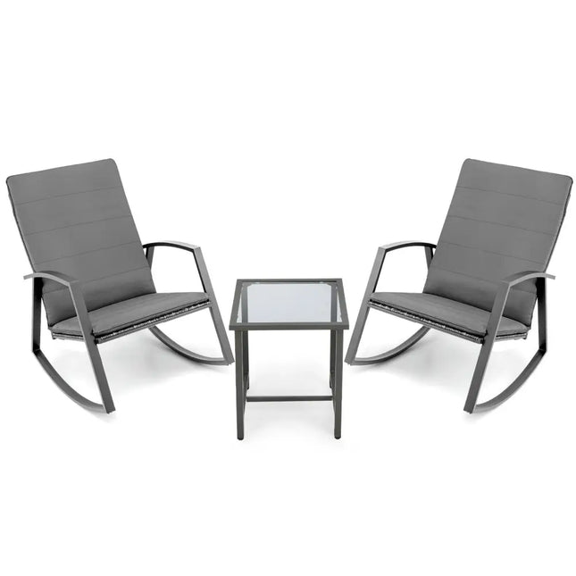 3 Pieces Patio Rattan Rocking Furniture Set-Gray - Gray - Patio Conversation Sets