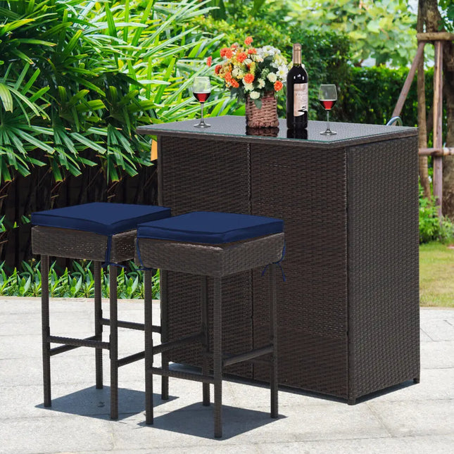 3 Pieces Patio Rattan Wicker Bar Table Stools Dining Set-Navy & Off White - White - Patio Bar Furniture