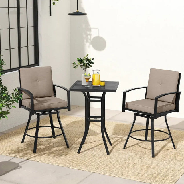 3 Pieces Patio Swivel Bar Set with Soft Cushions and Umbrella Hole-Brown - Brown - Patio Bar Furniture
