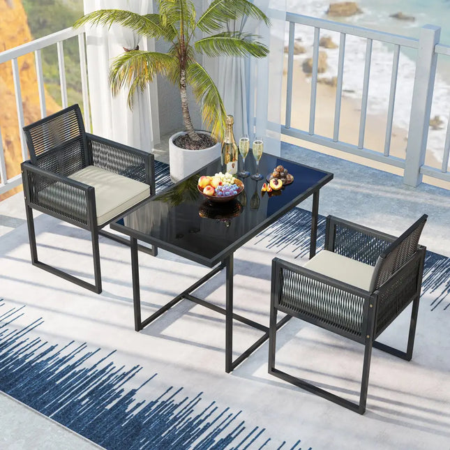 3 Pieces Patio Tempered Glass Top Table and Chairs Set for Porch Backyard-White - White - Patio Conversation Sets